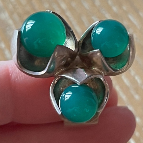 KULTASEPPÄ SALOVAARA Finland Modernist Sterling Silver Ring Chrysoprase Sz 7 MCM - Picture 1 of 13